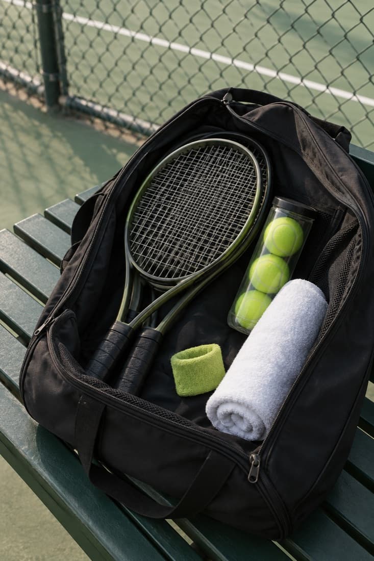 Racket bag with rackets, balls and a towel on a courtside bench