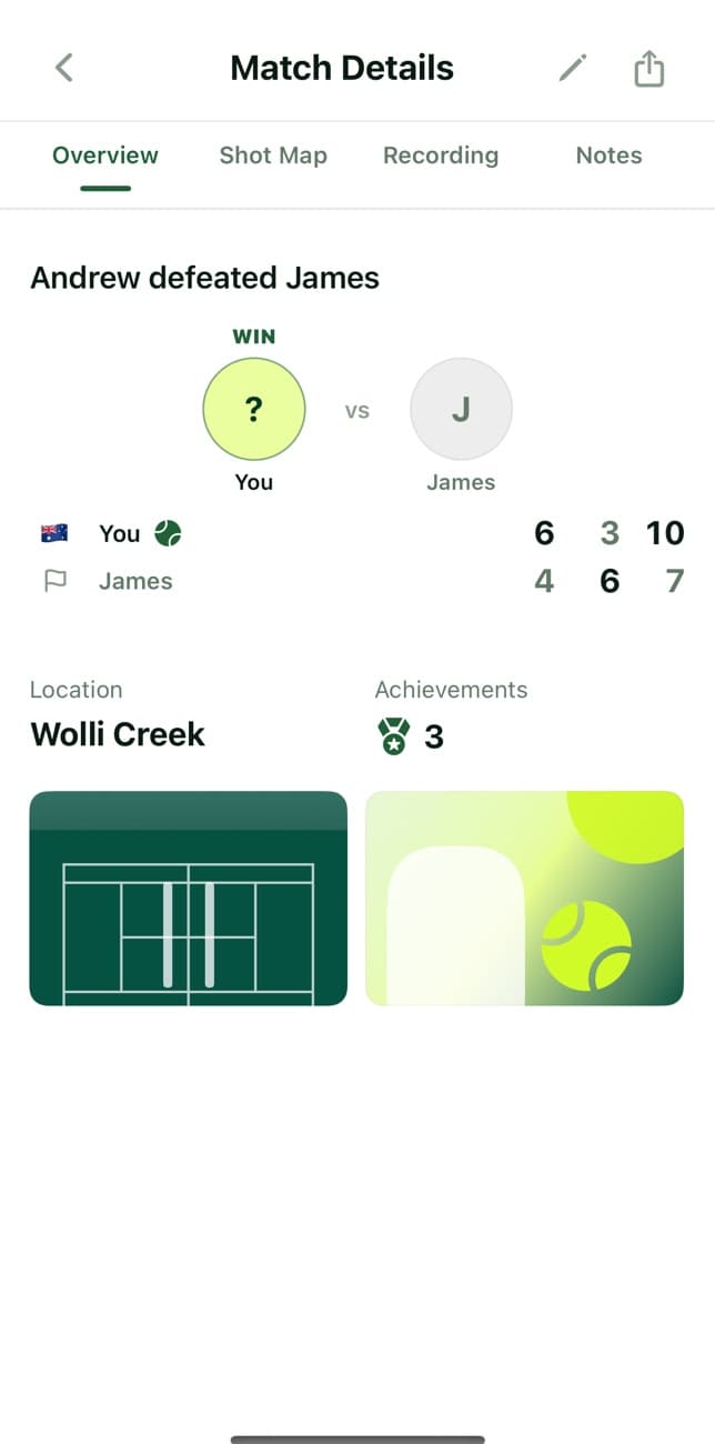 Rallio match details: score, court and achievements
